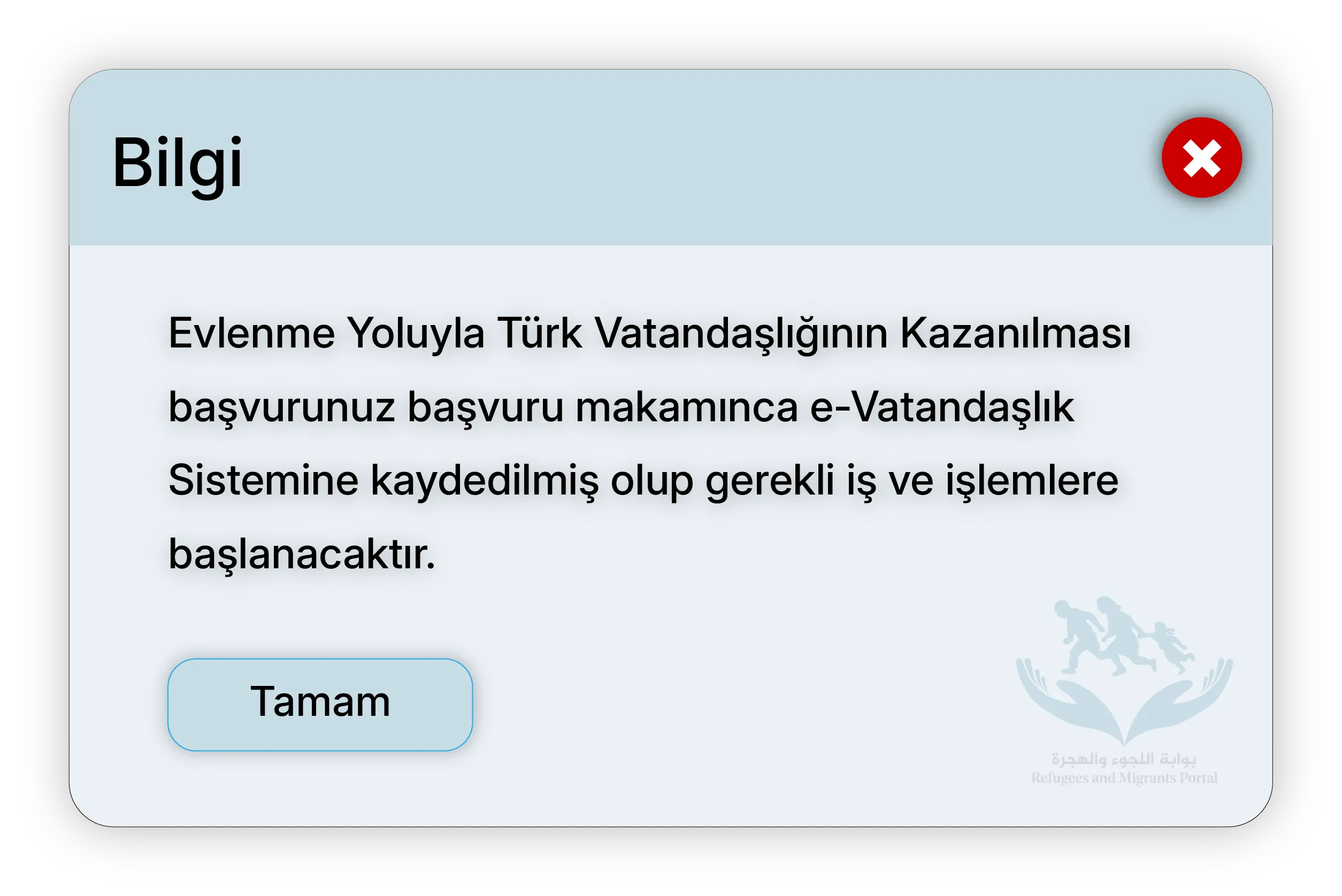 Evlenme Yoluyla Türk Vatandaşlığının Kazanılması başvurunuz başvuru makamınca e-Vatandaşlık Sistemine kaydedilmiş olup gerekli iş ve işlemlere başlanacaktır.