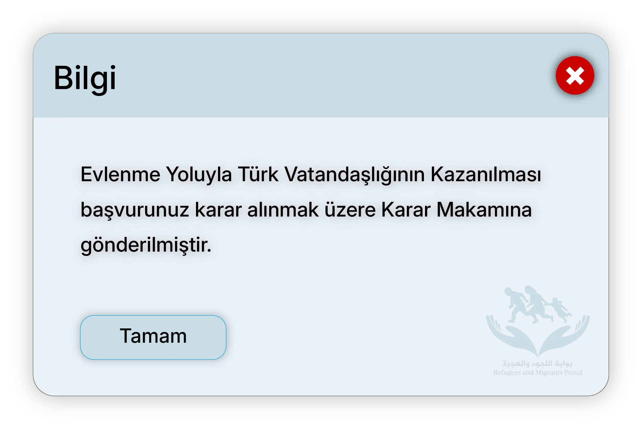 Evlenme Yoluyla Türk Vatandaşlığının Kazanılması başvurunuz karar alınmak üzere Karar Makamına gönderilmiştir.