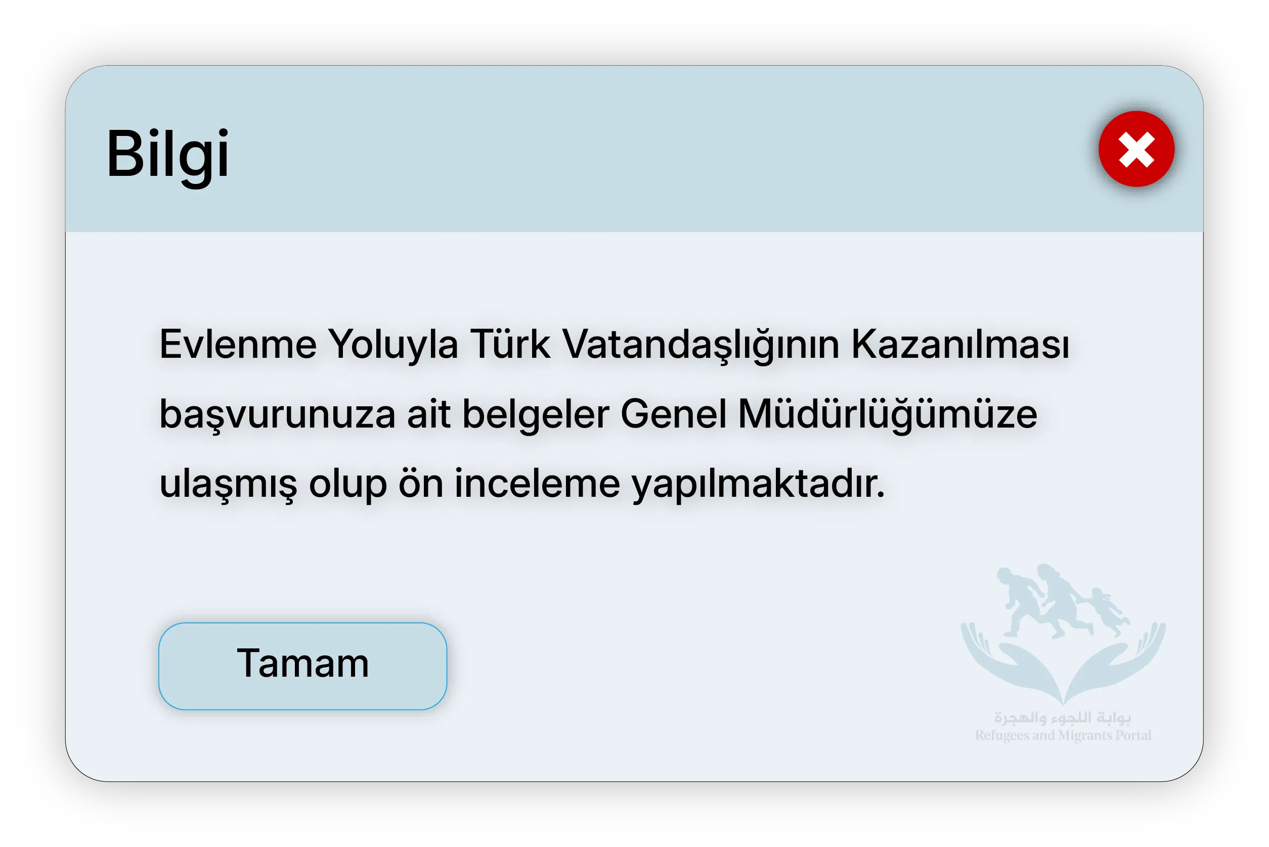 Evlenme Yoluyla Türk Vatandaşlığının Kazanılması başvurunuza ait belgeler Genel Müdürlüğümüze ulaşmış olup ön inceleme yapılmaktadır.